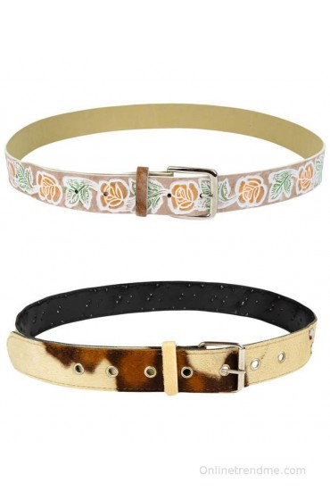 Ajara Pack of 2 Beige & Orange Leather Casual Belts for Women